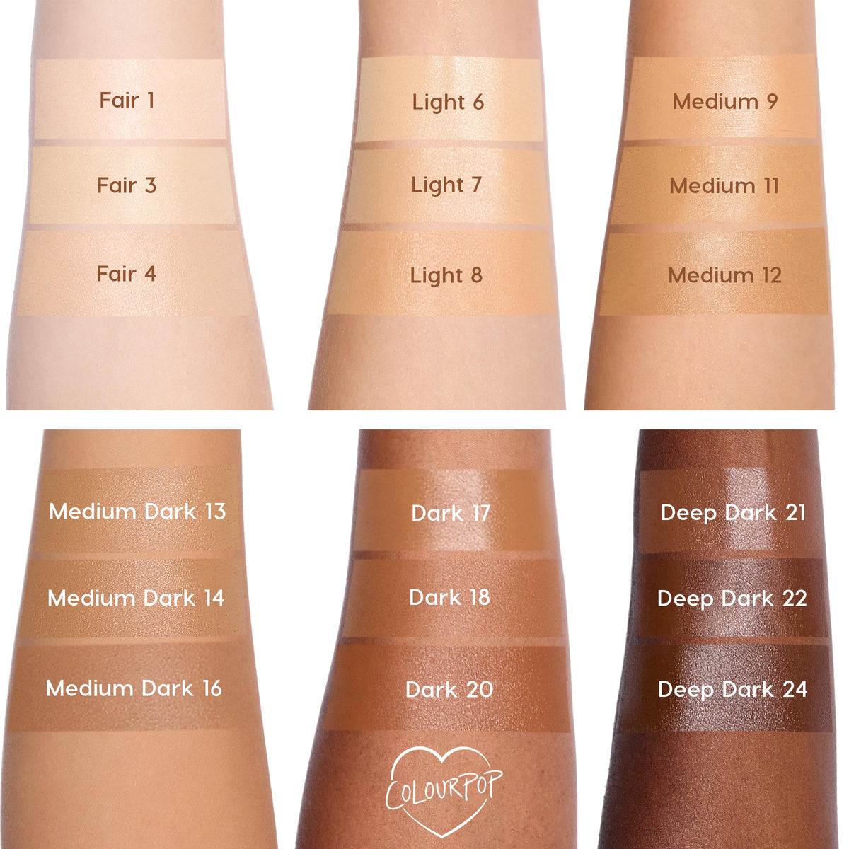 ColourPop Pretty Fresh Tinted Foundation Balm in Fair 4 swatched on a forearm beneath Fair 1 and Fair 3, shown with adjacent arms displaying labeled shades from Light to Deep Dark for side-by-side tone comparison.