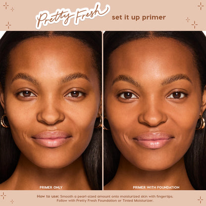 Side-by-side close-up shows Set It Up Pretty Fresh Primer at work: left panel primer only, right panel primer plus foundation, highlighting smoother, more even, luminous skin. ColourPop Pretty Fresh Primer creates a hydrated, makeup-gripping base.