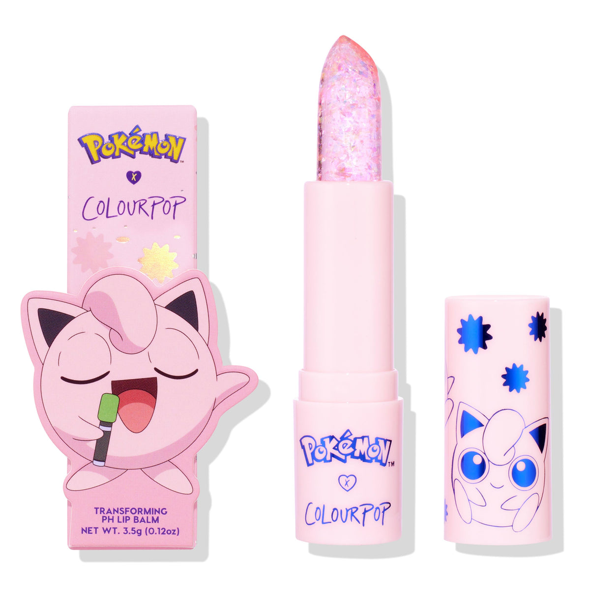 ColourPop pH Lip Balm Sing stands uncapped, revealing a sparkly iridescent pink bullet beside its pastel pink Pokémon x ColourPop box and cap featuring Jigglypuff and blue starbursts; transforming pH lip balm, 3.5 g.