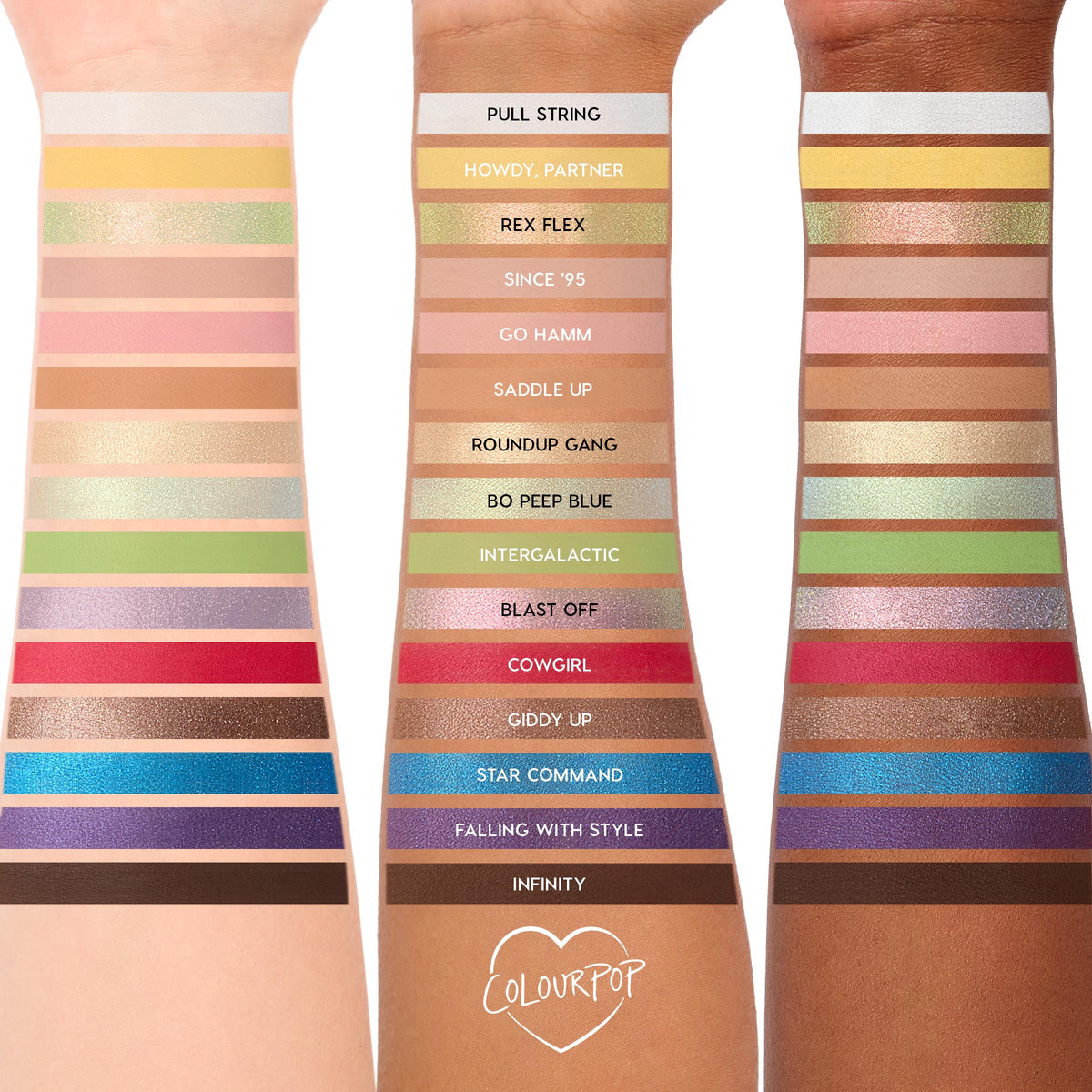 ColourPop The Toys Are Here shadow palette swatches line three arms, showcasing 20 Toy Story–inspired shades from neutral mattes to metallics in green, blue, red, purple, and gold, with labeled strips for each shade on a white background.