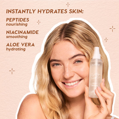 ColourPop Pretty Fresh Setting Spray “Lock It In” bottle held by a smiling model, clear pump visible; callouts highlight instant hydration with peptides, niacinamide, and aloe vera on a peach backdrop, setting makeup for lasting fresh skin.