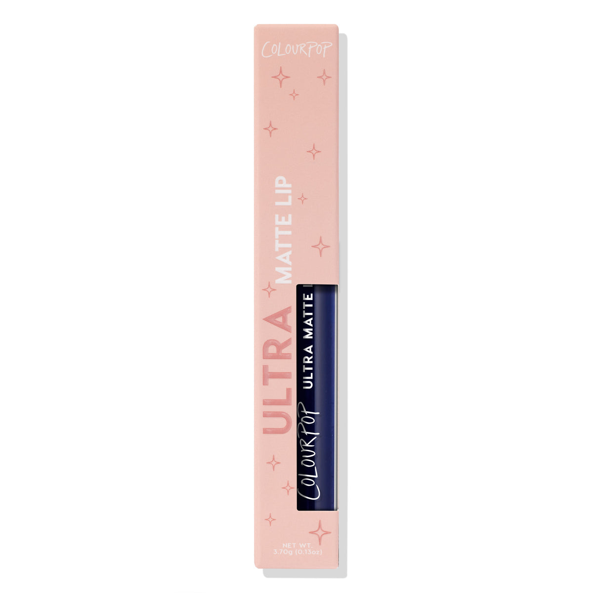 ColourPop Ultra Matte Lip in Panther stands upright, displayed in a blush‑pink box with star accents and a cutout showing the deep navy liquid lipstick tube, highlighting the sleek packaging on a clean white background.