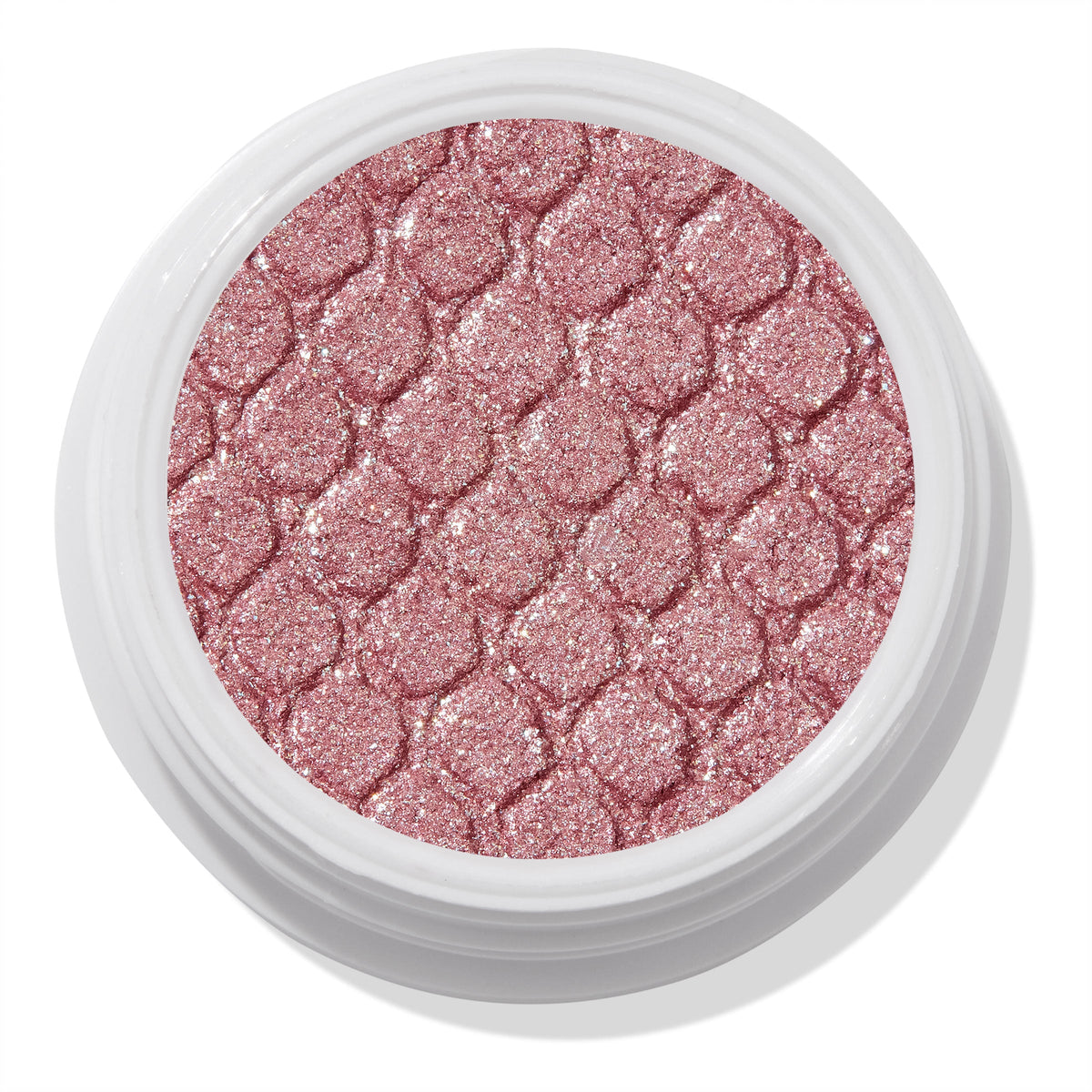 ColourPop Party of Five Super Shock Shadow glistens in a round white pot, a shimmering rose-pink single eyeshadow with fine silver sparkle and a quilted pressed texture, shown in a close-up top view.