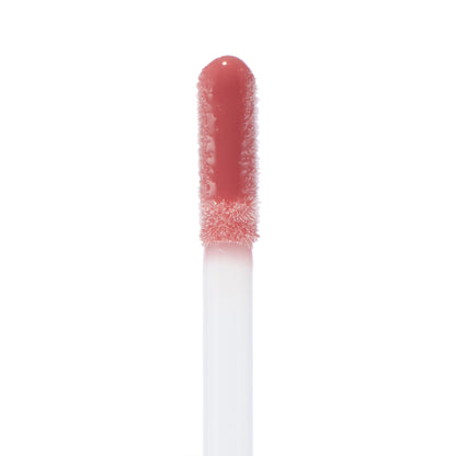 Doe-foot applicator coated in Pasadena Ultra Glossy Lip glistens with high-shine rosy mauve color, showcasing the plush flocking and wet finish in a crisp macro on a white background; ColourPop Ultra Glossy Lip.