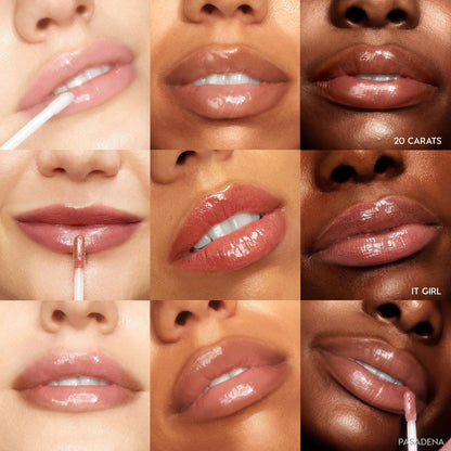 Perfect 4 U ColourPop Ultra Glossy Lip swatched in a 3x3 grid of close-up lips, some applying with a doe-foot applicator, showing high-shine pink‑nude finishes; shades 20 Carats, It Girl, and Pasadena across varied skin tones.