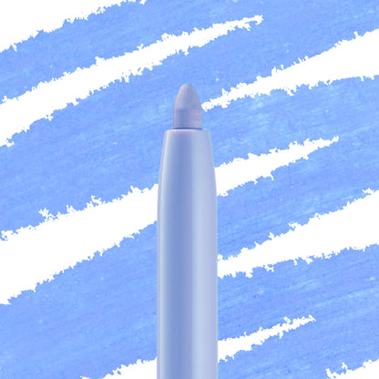 Prance Crème Gel Liner tip extends from a slim twist-up pencil, laying a pastel periwinkle swipe over diagonal blue swatches; ColourPop Crème Gel Liner delivers smooth, creamy pigment for precise waterline or winged looks.