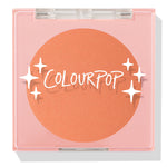 ColourPop Pressed Powder Blush Pretty Toasty compact displaying a warm toasted peach pan, closed under a clear lid with white sparkles logo, set in a pale pink square case for travel-friendly, everyday makeup.