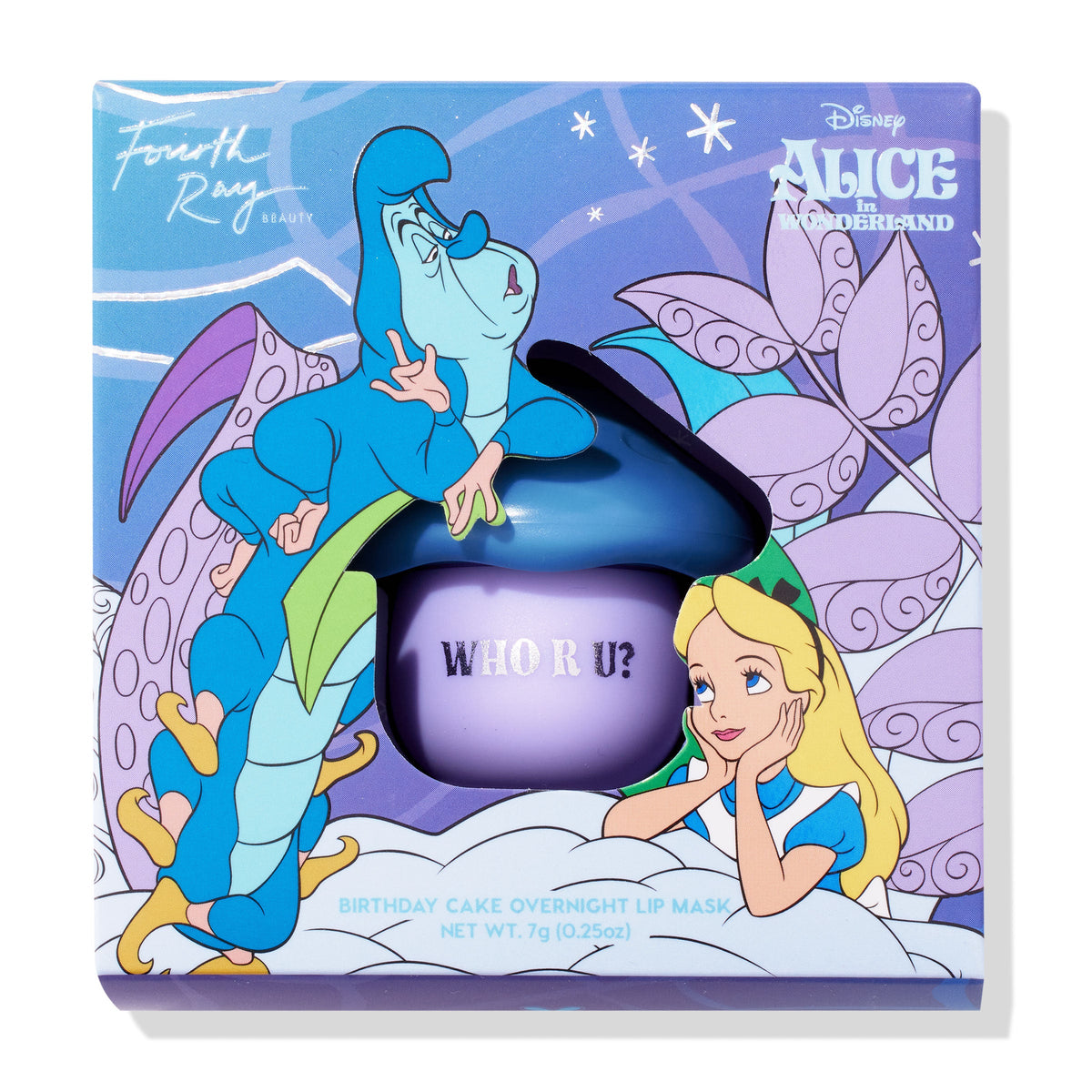 Pure Madness overnight lip mask jar sits in a die-cut window, “WHO R U?” on a purple pot; Alice and the Caterpillar art frame the Disney x Fourth Ray Beauty box, birthday cake scent, 7g (0.25 oz), hydrating ColourPop Lip Mask.