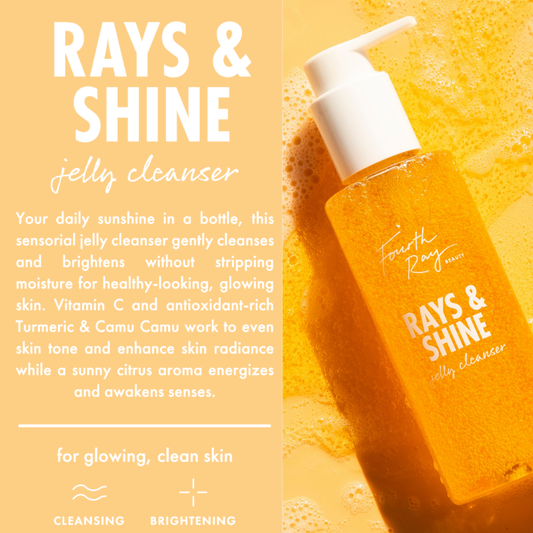 Rays and Shine Cleanser jelly cleanser pump bottle from Fourth Ray Beauty tilts in citrusy foam, showcasing a bright orange gel; infographic highlights gentle cleansing and brightening with Vitamin C, Turmeric, and Camu Camu from ColourPop.