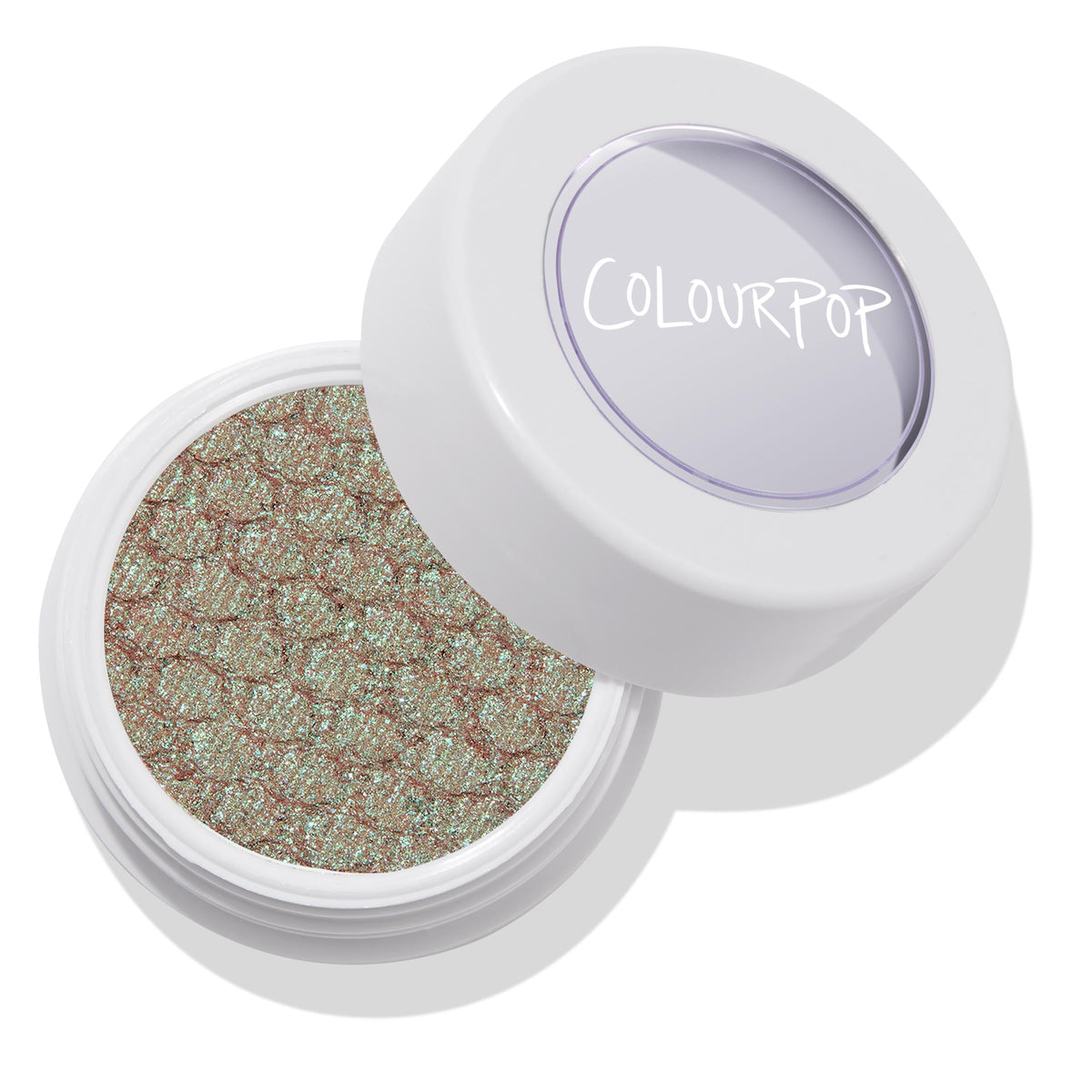 ColourPop Super Shock Shadow Rooftop Cocktails, a sparkling mint-green and rose-gold duochrome, sits in a white round pot with a clear ColourPop lid slightly open, revealing the textured cream-to-powder eyeshadow on a white background.