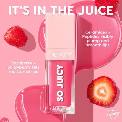 ColourPop So Juicy Plumping Glossy Lip Oil in shade Trending Now stands upright, visibly plumping and smoothing lips with ceramides and peptides; raspberry and strawberry oils moisturize amid pink gloss spills, raspberries, and a strawberry slice.