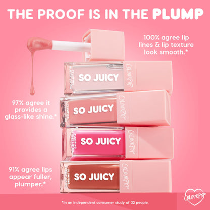 ColourPop So Juicy Plumping Glossy Lip Oil, Beverly Drive, shown as four clear, pink, and nude tubes stacked with a dripping doe-foot applicator on a pink claims graphic highlighting glass-like shine, smoother lines, and fuller lips.