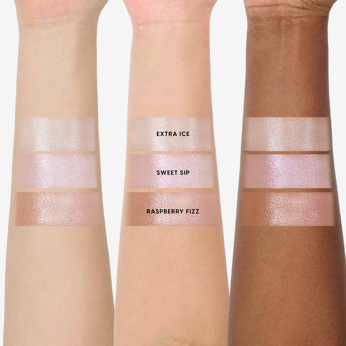Three forearms display Sweet Sips Super Shock Shadow full collection set swatches—shades Extra Ice, Sweet Sip, and Raspberry Fizz—showing shimmery champagne and pink tones on light, medium, and deep skin for US makeup lovers.