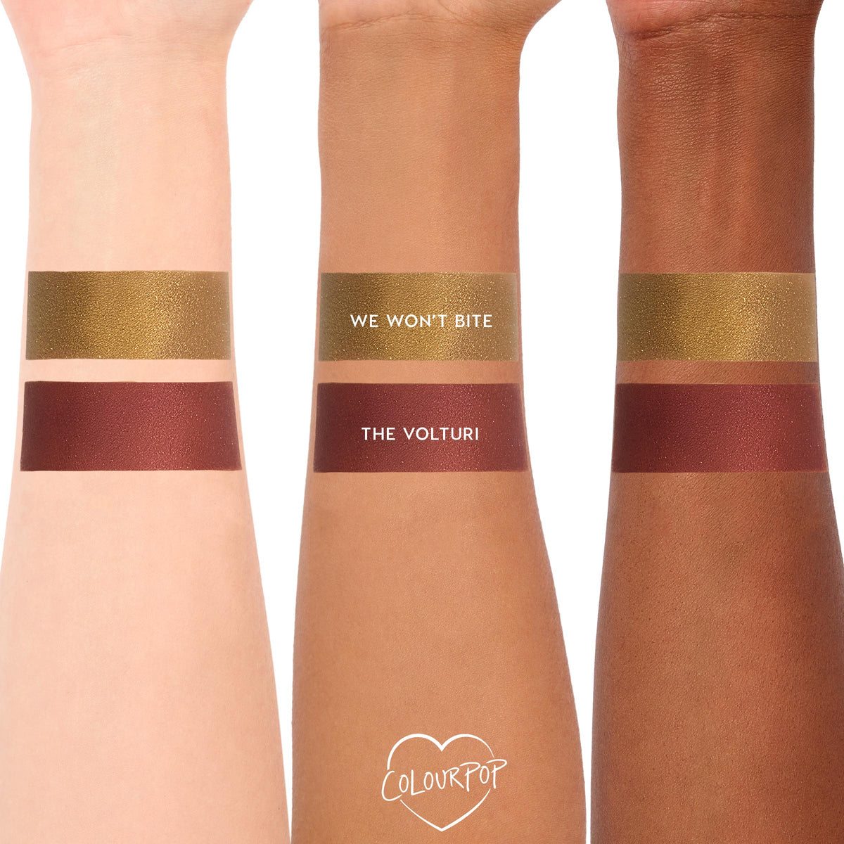 We Won’t Bite swatched in thick bands on three arms, showing a metallic olive-gold ColourPop Super Shock Shadow with high shimmer, stacked above The Volturi deep burgundy shade to compare payoff across light, medium, and deep skin tones.
