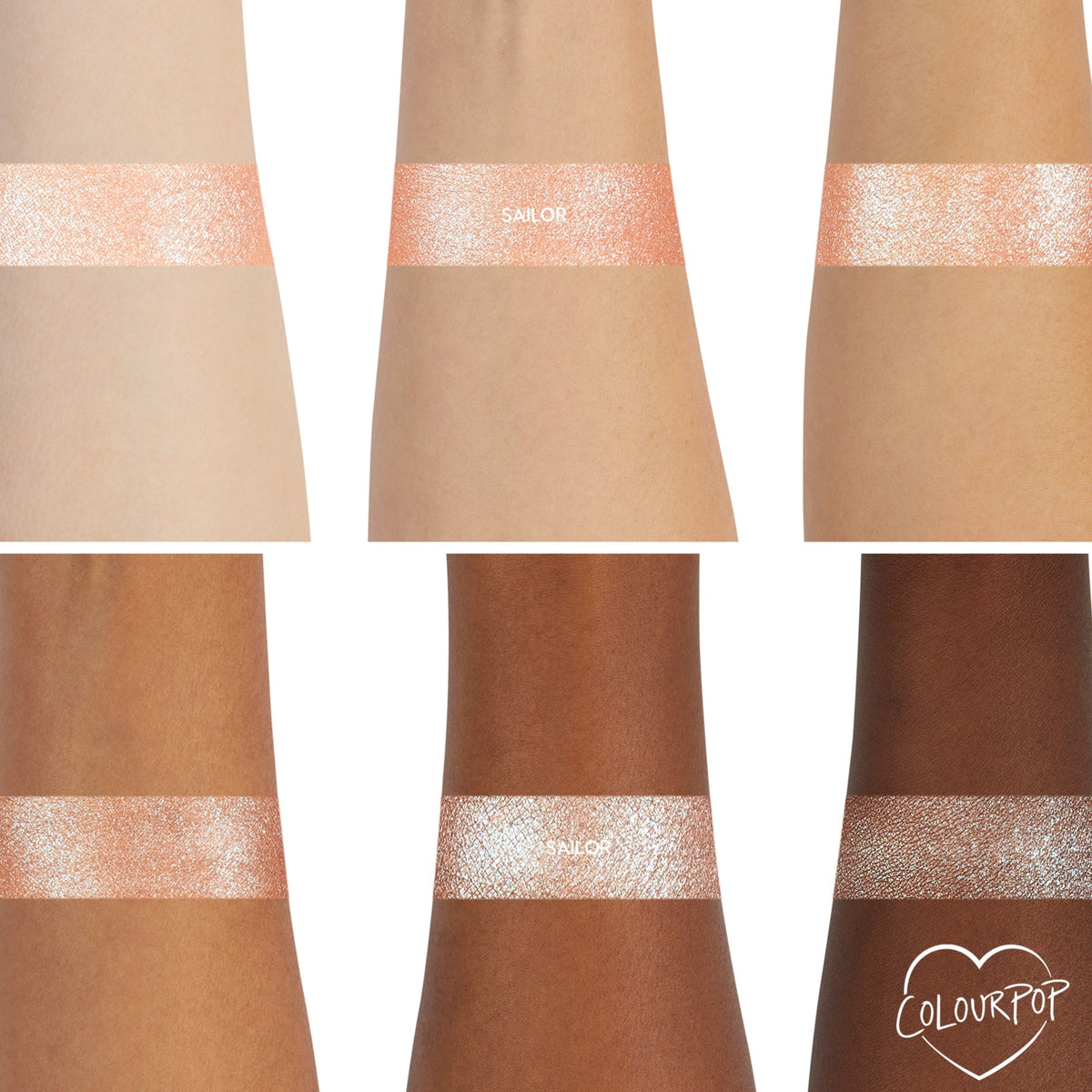 Sailor Super Shock Shadow by ColourPop, a shimmering peachy‑champagne shade, swatched as one thick stripe on six arms from fair to deep skin tones to show reflective sparkle, with a ColourPop heart logo in the corner.
