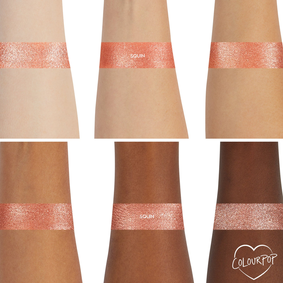 Sequin Super Shock Shadow swatch gleams across six forearms, showing smooth, opaque payoff on light to deep skin tones; a metallic rose‑gold copper shimmer band on each arm, with the ColourPop heart logo in the bottom right.