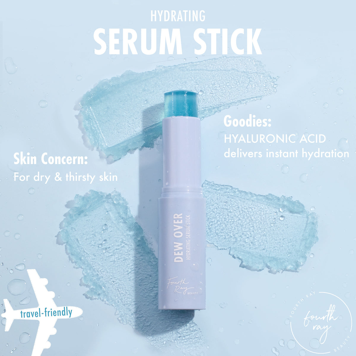 Dew Over hydrating serum stick stands open with teal balm exposed on a pale blue background with water droplets and gel swatches, highlighting hyaluronic acid hydration for dry, thirsty skin; a travel-friendly Fourth Ray Beauty ColourPop Serum Stick.