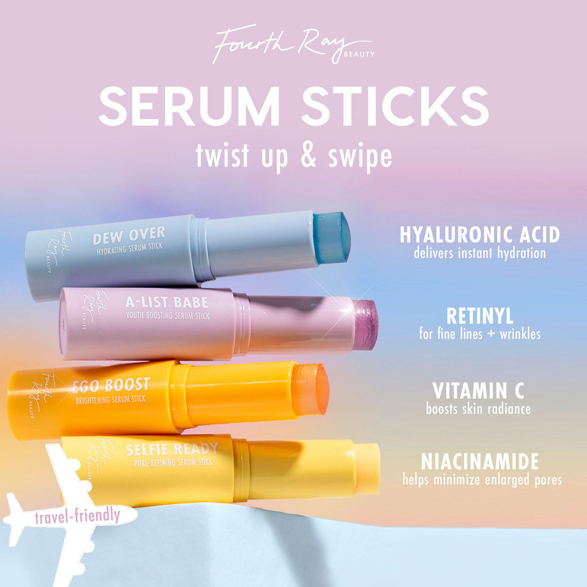 Dew Over hydrating ColourPop Serum Stick by Fourth Ray Beauty, uncapped with blue balm in a twist-up tube, stacked beside A-List Babe, Ego Boost, and Selfie Ready on a pastel backdrop; hyaluronic acid formula, travel-friendly design.