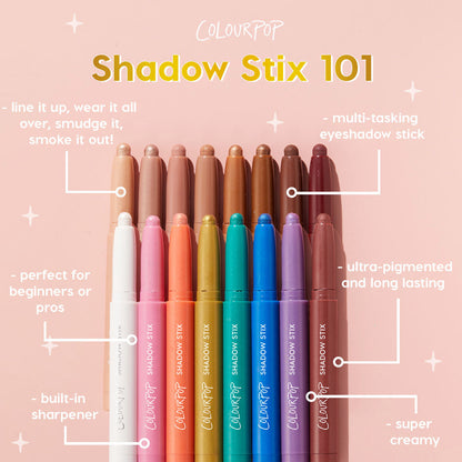 Honey BB ColourPop Shadow Stix stands uncapped in a colorful lineup, crayon tip ready to swipe; on a pink backdrop, callouts highlight a super creamy, ultra‑pigmented, long‑lasting multitasking eyeshadow stick with a built‑in sharpener - great for beginners or pros.