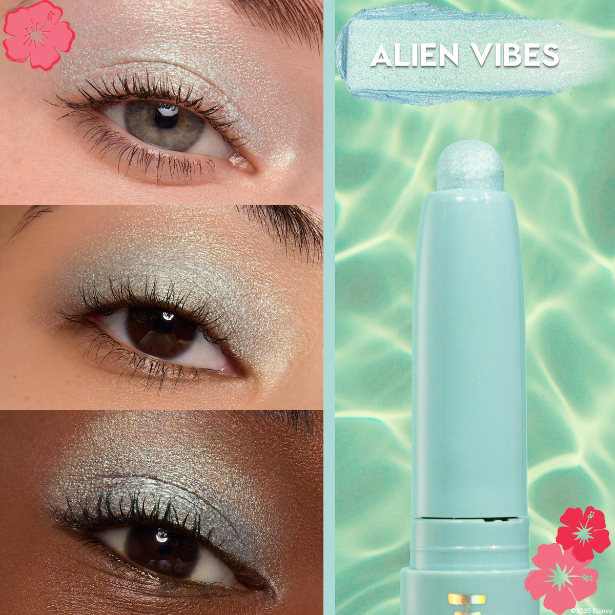 ColourPop Cute and Feisty Shadow Stix in shade Alien Vibes shown on three eyelids with shimmering icy aqua eyeshadow, alongside the turquoise stick applicator on a water-inspired background, promoting Disney Lilo and Stitch Colourpop makeup.