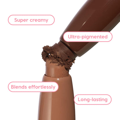 ColourPop Shadow Stix Matte Nudes close-up; a matte nude brown eyeshadow stick breaks at the tip to show thick, ultra-pigmented, creamy payoff, with callouts for blends effortlessly and long-lasting performance on a white background.