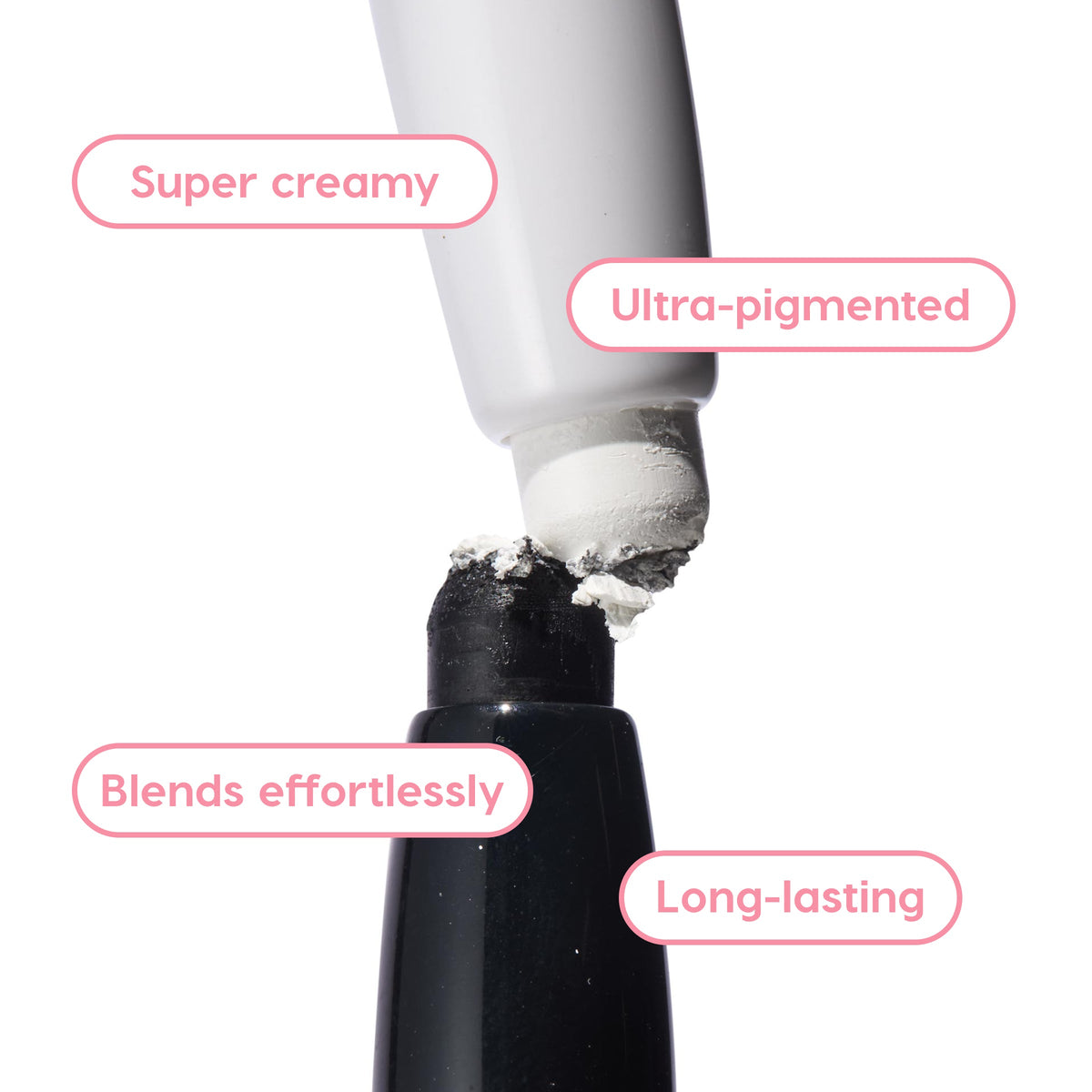 ColourPop Shadow Stix Totally Wicked eyeshadow crayon presses its creamy white tip into the base, showcasing an ultra-pigmented, blendable, long-lasting formula in a close-up on a white background with pink feature callouts.