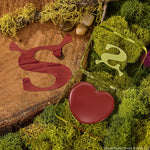 Fairytale Things ColourPop Lip and Cheek Balm sits open, revealing a heart-shaped pan of warm brick-red pigment in a translucent green, Shrek-inspired compact with an ogre-ear S, resting on moss and a wood slice beside a glossy burgundy S swatch.