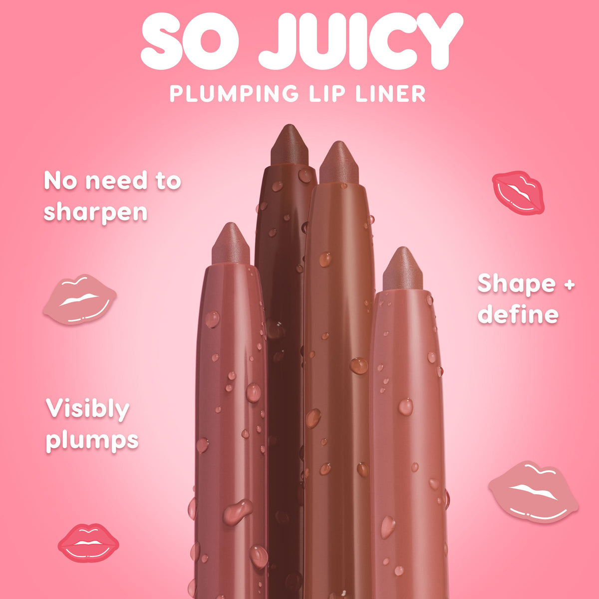 ColourPop So Juicy Plumping Lip Liner & Balm Set, Go-To Lip, features four twist-up lip liners in rosy to deep nude tones with dewy droplets, standing upright on a pink background, showcasing a no-sharpen design that shapes, defines, and visibly plumps.