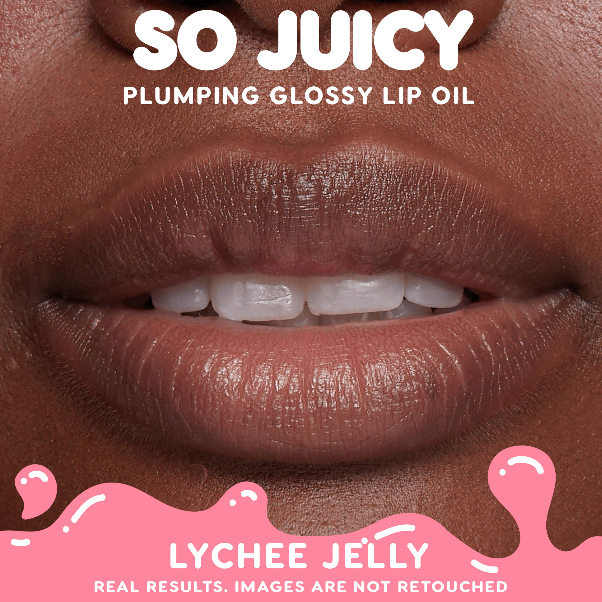 Close-up lips switching from bare to glossy as ColourPop So Juicy Plumping Glossy Lip Oil, So Sassy, is applied, revealing a fuller, high-shine finish in a studio before-and-after animation with product text overlays.