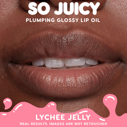 Close-up of plumped, hydrated lips wearing ColourPop So Juicy Plumping Glossy Lip Oil in Lychee Jelly, showcasing high-shine finish and smooth texture in a studio promo with “So Juicy” and “Lychee Jelly” text overlays.