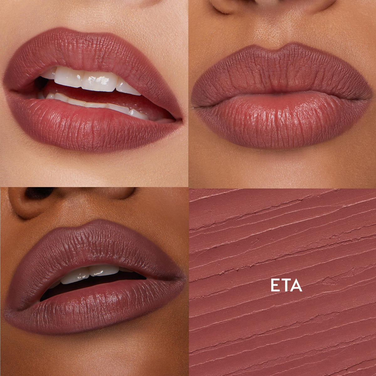 Lips wearing ETA, a warm mauve-rose shade, applied on multiple skin tones with a textured swatch labeled ETA, showcasing the ColourPop So Juicy Plumping Lip Liner with Peptides for fuller, defined lips.
