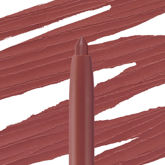 ETA retractable lip liner stands upright with tip extended, showcasing a creamy mauve-rose shade against broad, textured swatches; ColourPop So Juicy Plumping Lip Liner with Peptides for precise lining and fuller-looking lips.