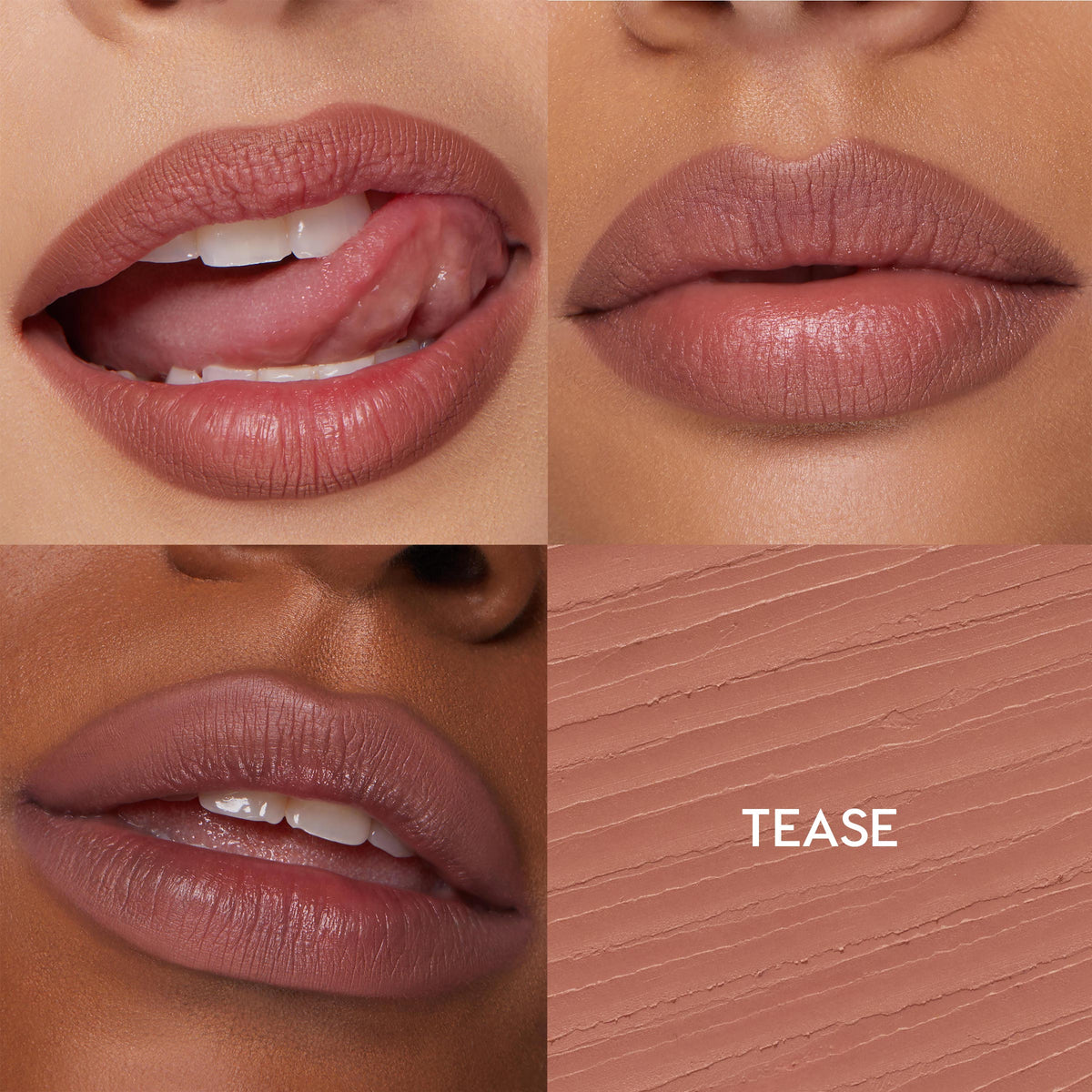 Tease shade of ColourPop So Juicy Plumping Lip Liner with Peptides defining and plumping lips - three close-up wear shots across different skin tones plus a textured rosy nude swatch labeled TEASE in a 4-panel grid.