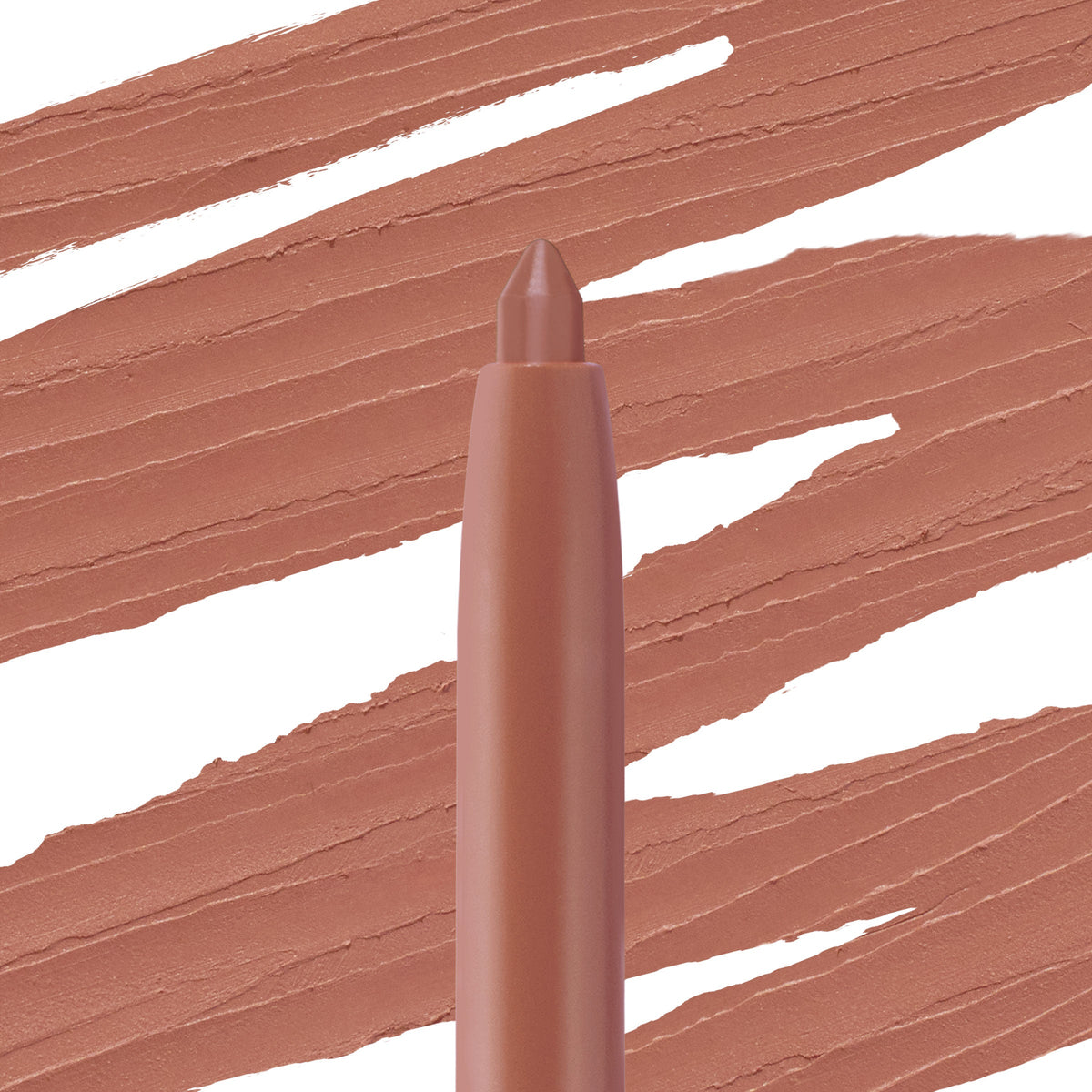 Tease lip liner crayon stands upright with its pointed tip exposed against sweeping creamy warm rosy‑nude swatches; ColourPop So Juicy Plumping Lip Liner with Peptides shows smooth, precise payoff for defining and filling lips.