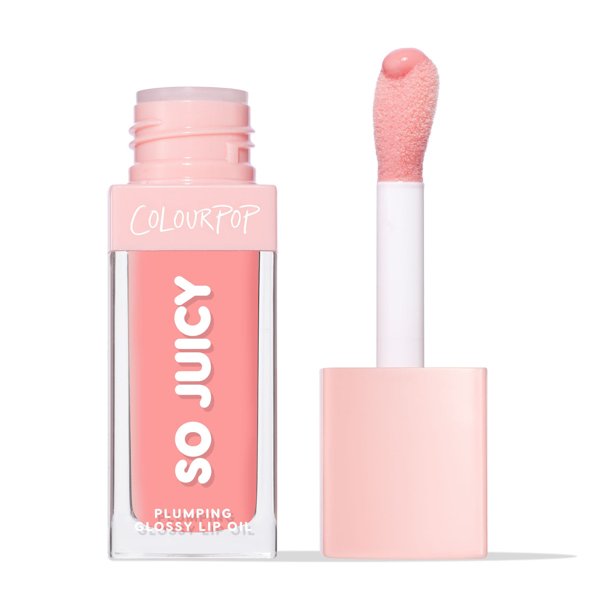 ColourPop So Juicy Plumping Glossy Lip Oil, shade Baby Panda, stands uncapped with a doe-foot applicator dabbed in glossy baby-pink; clear square tube with vertical SO JUICY logo and blush cap on a white background.
