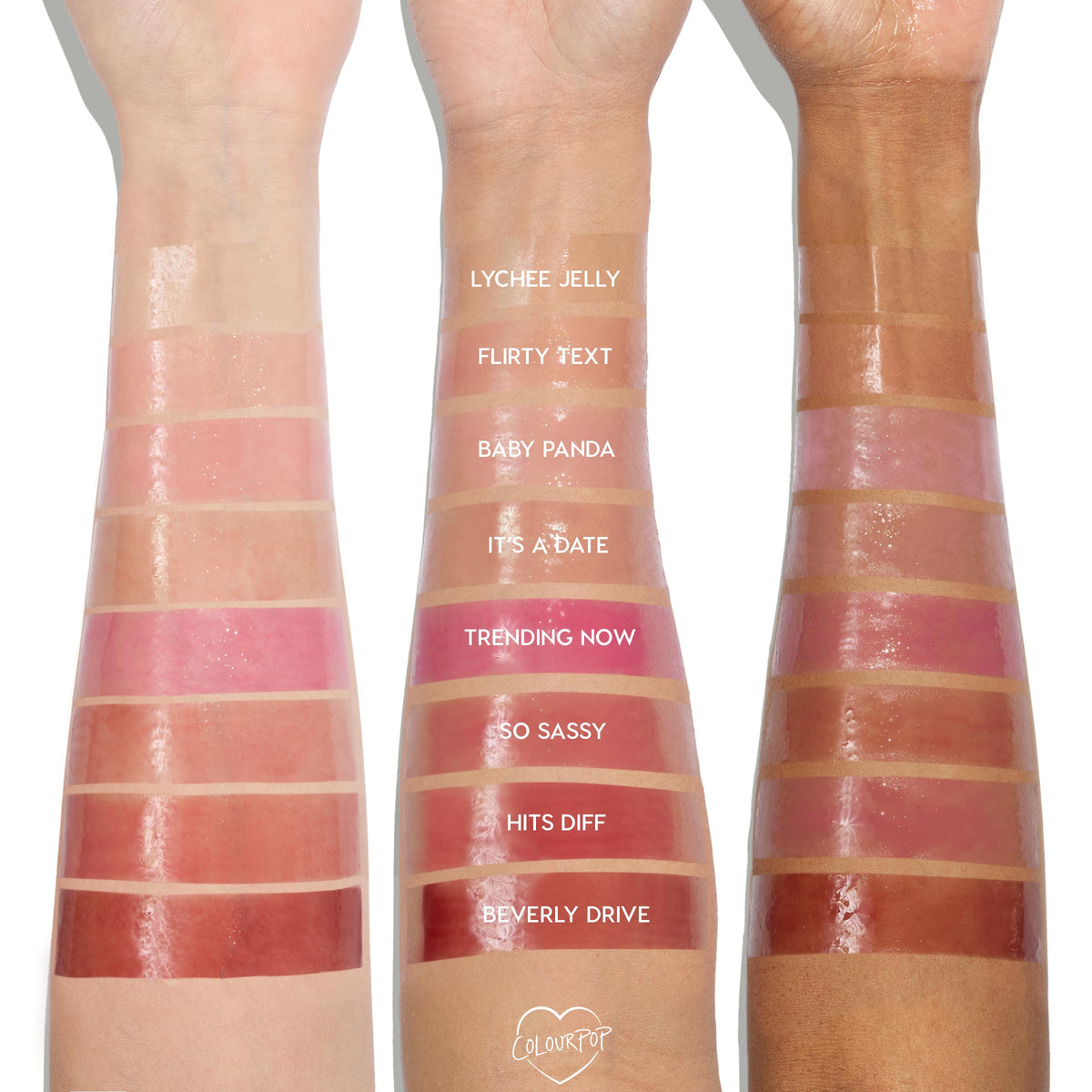 Glossy lip oil swatches, from clear to rose and deep berry, shown on three arms in light, medium, and deep skin tones, labeled Lychee Jelly, Flirty Text, Baby Panda, It’s a Date, Trending Now, So Sassy, Hits Diff, Beverly Drive; ColourPop 100% Juicy So Juicy Lip Oil Set.
