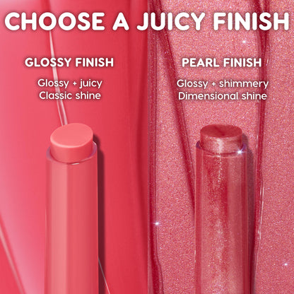 Angel Baby ColourPop So Juicy Plumping Gloss Balm with Peptides compares finishes, showing two twist-up bullets side by side - left glossy classic shine, right pearl shimmery dimensional shine - on pink swatches of the formula.