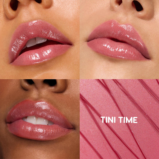 ColourPop So Juicy Plumping Gloss Balm with Peptides in Tini Time coating lips with high-shine rosy pink on three skin tones, with a fourth panel showing a shimmery pink swatch labeled TINI TIME to showcase the glossy, plumped finish.