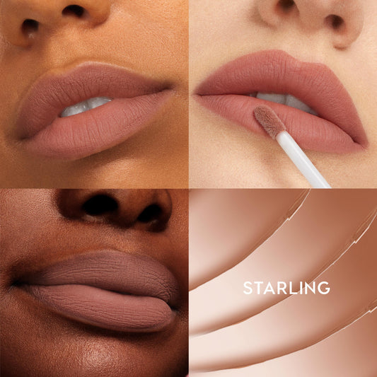 ColourPop Ultra Blotted Lip in Starling coats lips in a soft-matte, blurred mauve-nude; a doe-foot applicator applies color while a four-panel grid shows close-ups on multiple skin tones and creamy swipe swatches of the lightweight finish.