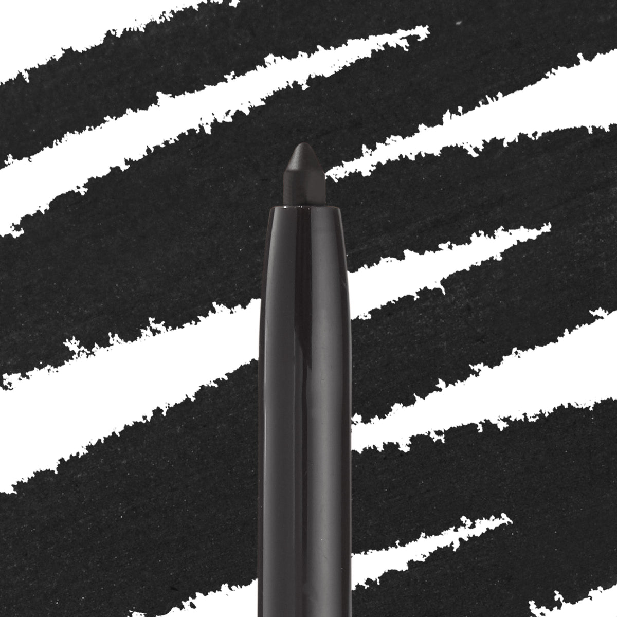 ColourPop Crème Gel Liner in Swerve drawing bold matte-black strokes, shown as a twist-up eyeliner tip against a backdrop of thick black swatches, highlighting creamy, long-wearing, smudge-proof formula for precise eye definition.