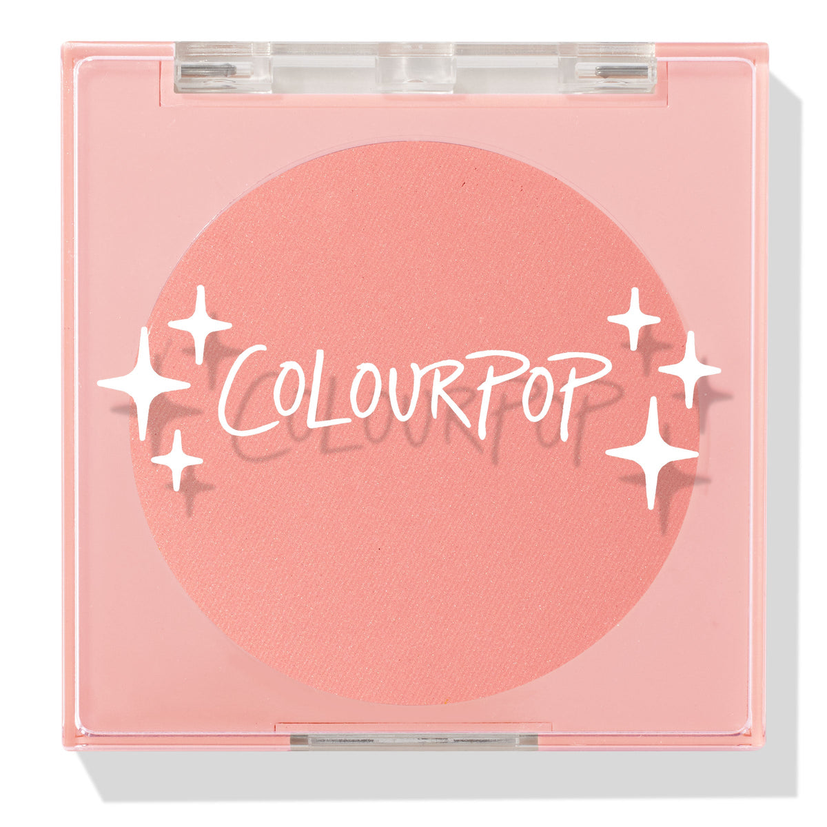 Swirled ColourPop Pressed Powder Blush compact closed, showcasing a warm peach‑coral matte pan beneath a clear pink lid with white starburst logo, square plastic case centered on a white background.