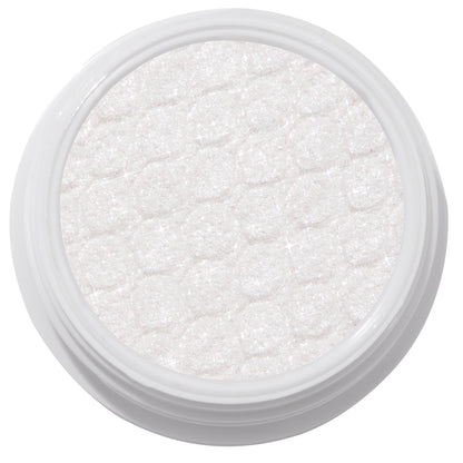 ColourPop Super Shock Shadow Tassel, a shimmering icy white cream-to-powder eyeshadow catching light across its quilt-textured pan inside a white round pot, shown in a crisp studio close-up on a white background.