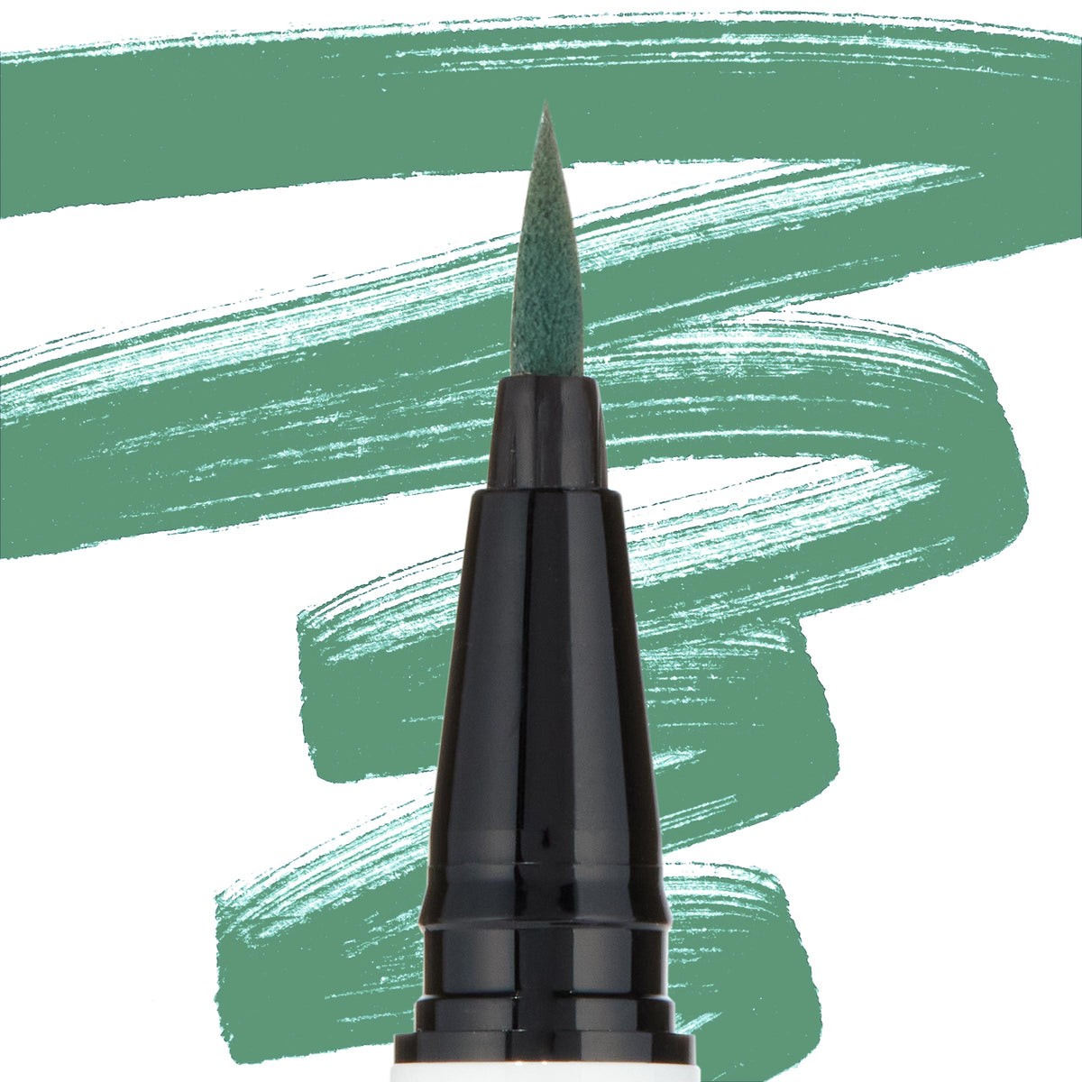 Fine felt-tip of ColourPop BFF Liquid Liner in The Hills gliding green pigment, shown with broad green swatches on a white background, highlighting the precise point for sharp eyeliner wings.