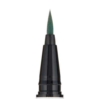 ColourPop BFF Liquid Liner in The Hills showing a precise, pointed felt tip saturated in deep green, the glossy black barrel standing upright in a crisp studio close-up on white for sharp, controlled eyeliner looks.
