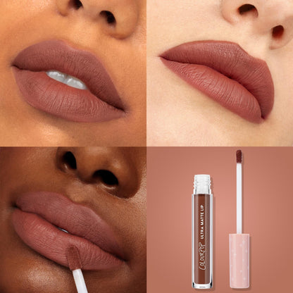 ColourPop Ultra Matte Lip in Toast coating lips on multiple skin tones, showcasing a warm toasted brown nude with a smooth ultra‑matte finish; collage displays close‑up swatches plus the liquid lipstick tube and doe‑foot applicator.