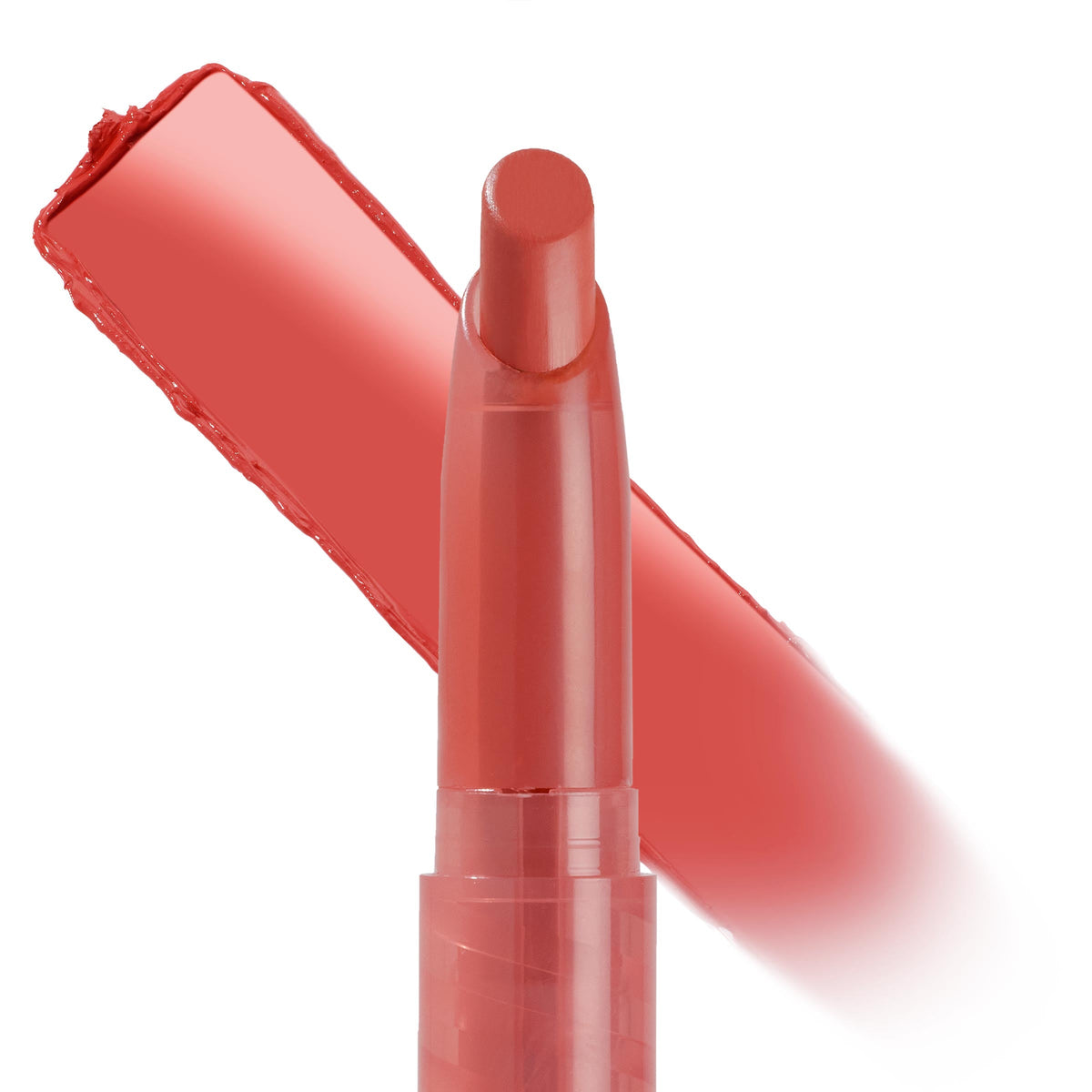 Topanga shade ColourPop Lippie Stix stands uncapped, showing a rosy coral bullet with a thick swipe of creamy pigment behind it, highlighting smooth, full-coverage payoff on a clean white background.