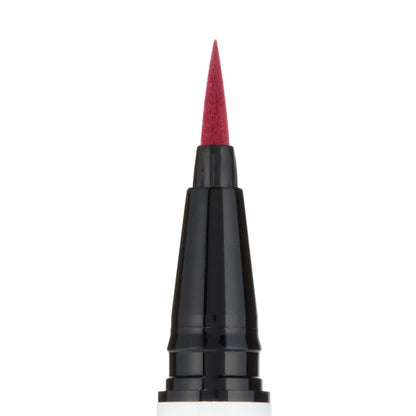 Felt-tip applicator poised to draw crisp lines, macro close-up of the Try Me shade (deep berry red) from the ColourPop BFF Liquid Liner, centered on a black-and-white pen barrel against a white background.