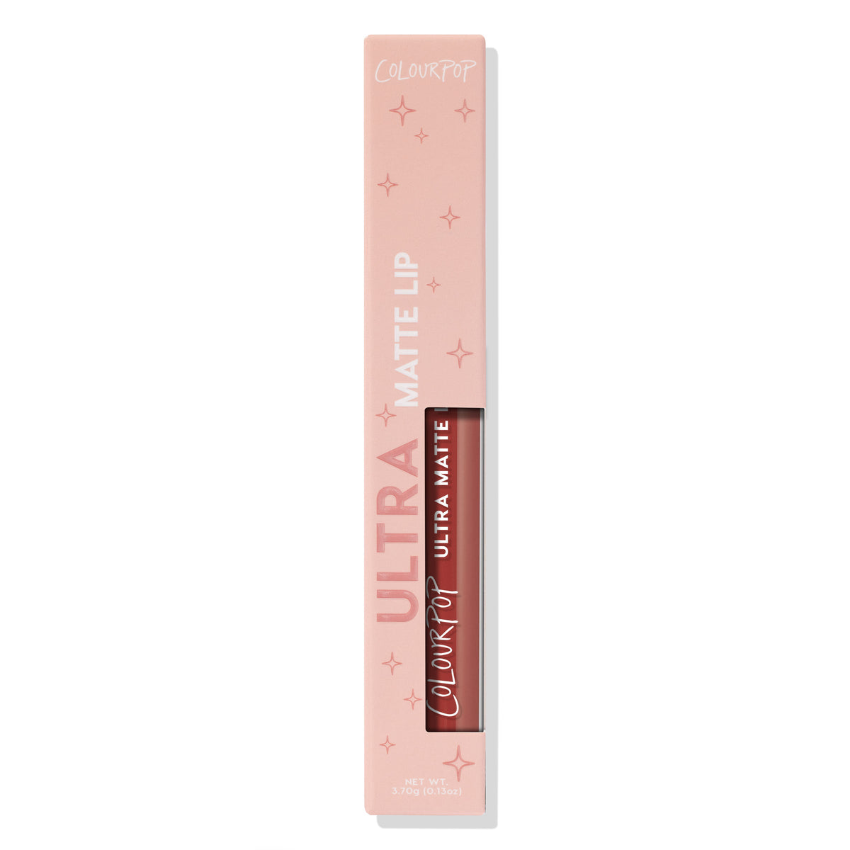 Tulum by ColourPop Ultra Matte Lip, a warm terracotta nude liquid lipstick, shown in a clear tube inside a blush‑pink box with star graphics and a side window, net wt. 3.7 g (0.13 oz), set against a white background.