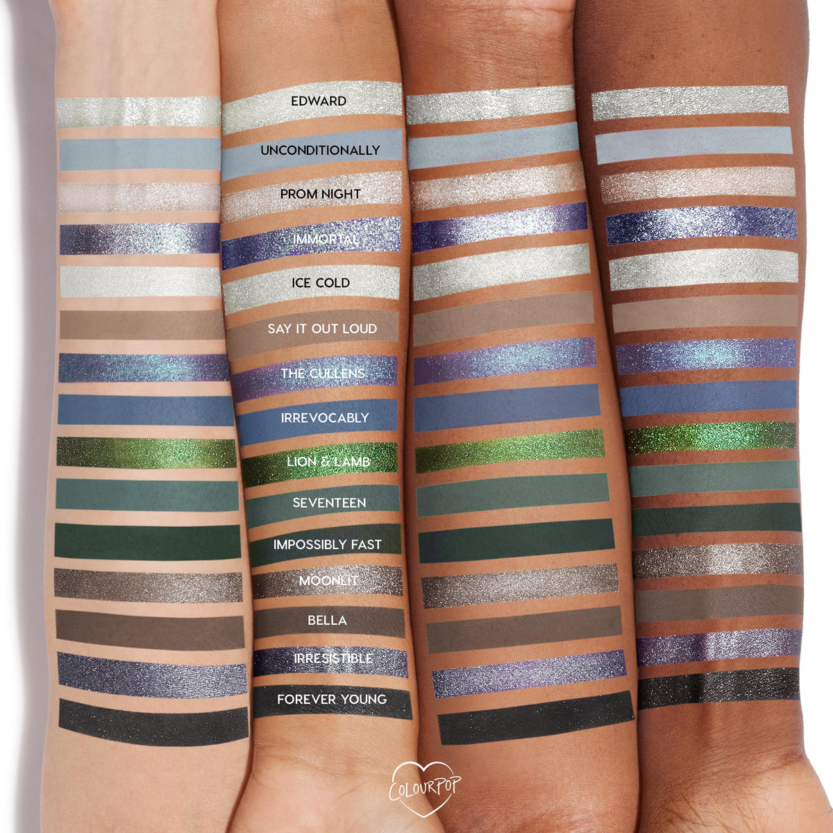 ColourPop Twilight Shadow Palette swatches sweep across three forearms (light, medium, deep), showcasing matte and shimmer eyeshadows in silver, blue, green, taupe, and black tones, with labeled shades like Edward, The Cullens, and Forever Young.