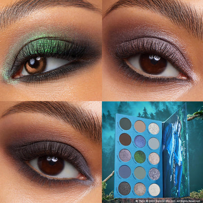 Twilight x ColourPop Full Collection set showcases three close-up eye looks - emerald shimmer, mauve metallic, and smoky charcoal - alongside an open 15-pan palette in forest-themed packaging, highlighting matte and glitter shades; ColourPop Full Collection Set.